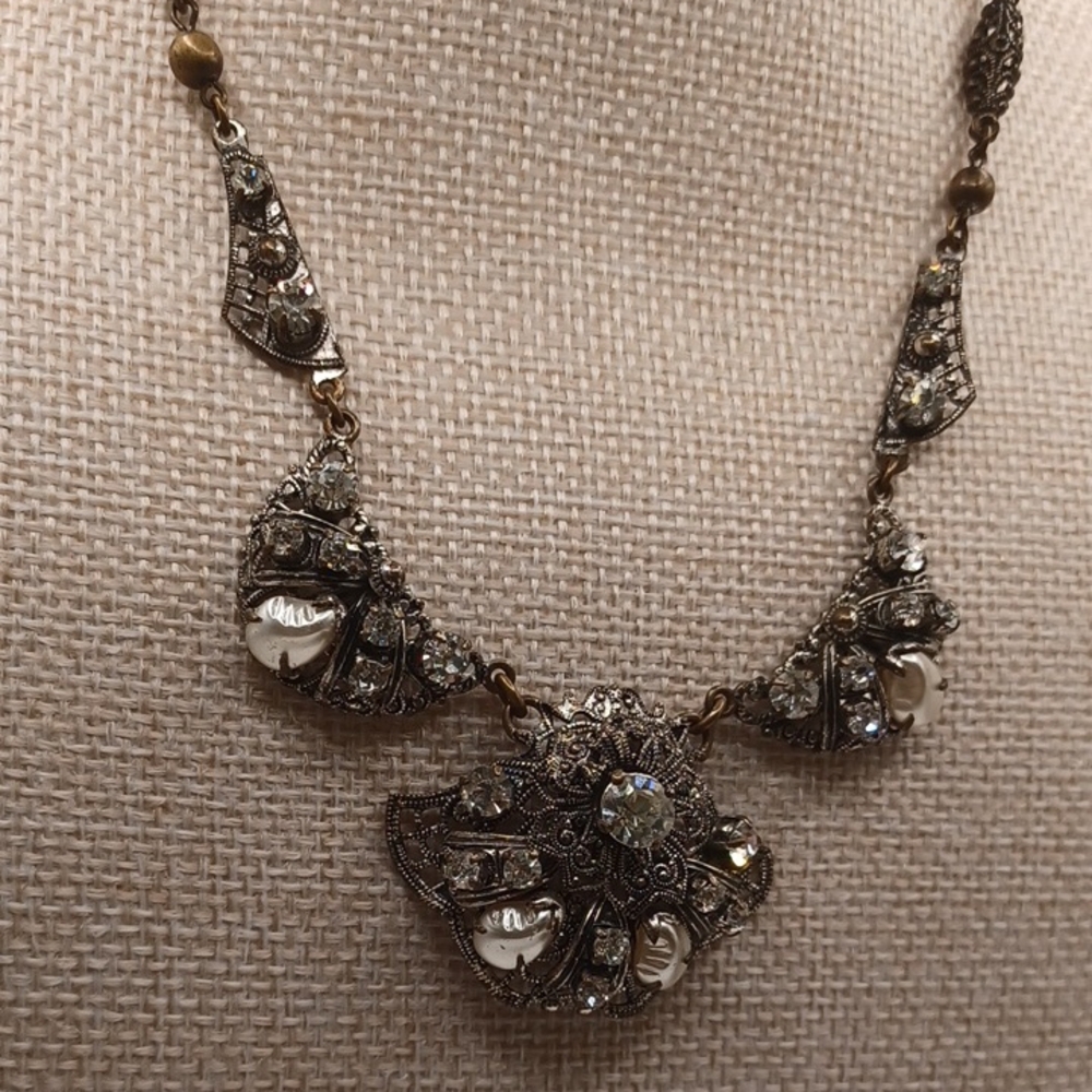 Western Germany Clear Rhinestone and Filigree Pearl Necklace - Picture 3 of 12